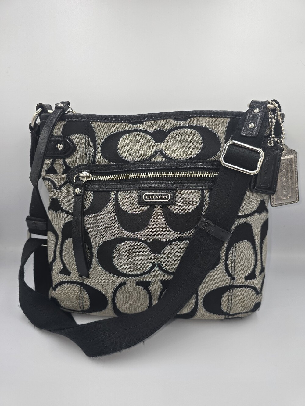 COACH F23193 Black Gray Silver Signature Canvas Crossbody Bag *please read*
